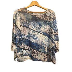 Alfred Dunner Ladies Sz PL Petite Top Studded Front Round Neck T Shirt Blue